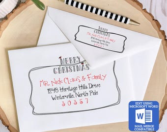 Printable Christmas Envelope Template | Merry Christmas Design | Word Mail Merge Compatible | Recipient & Return Address | Editable in Word