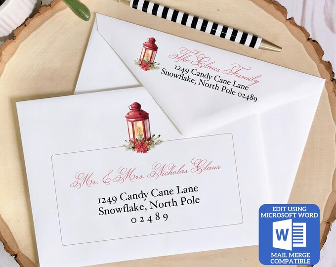 Printable Christmas Envelope Template | Red Lantern Design | Word Mail Merge Compatible | Recipient & Return Address | Editable in Word