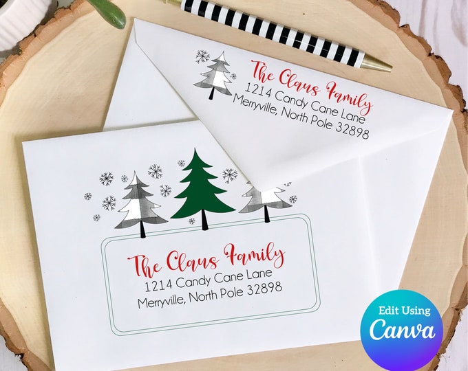 Christmas Digital Envelope Template for Canva | Buffalo Plaid Trees