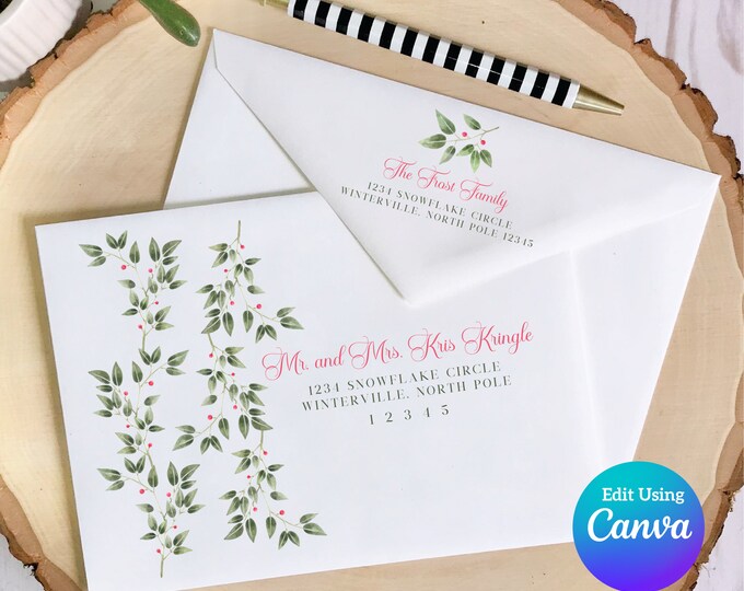 Christmas Digital Envelope Template for Canva | Holiday Floral