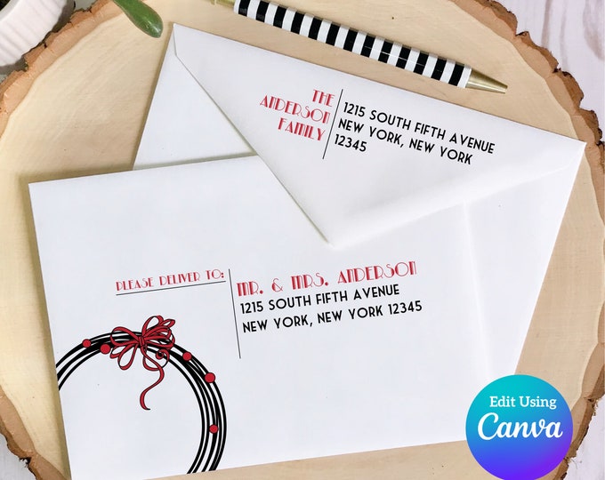 Christmas Digital Envelope Template for Canva | Modern Wreath Black