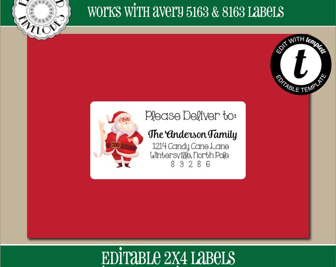 EDITABLE Christmas ADDRESS LABEL Template, Envelope Addressing, Christmas, Santa, 2x4, Recipient Addressing, Address Labels, Editable, CH015