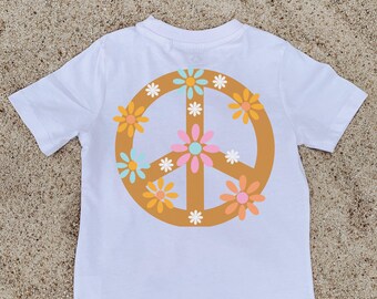 Retro T-shirt, Kids Clothing, Childrens Tee, Boho, Boho Clothing, Kids beach shirt, white shirt, Child tshirt, Peace sign, floral