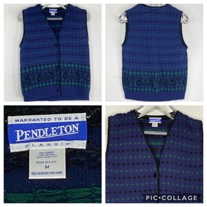 Könnte beinhalten: Eine blaue und grüne gemusterte Strickweste mit Knopfleiste. Die Weste ist mit "Pendleton Classic" gekennzeichnet und hat die Größe M. Das Etikett zeigt auch "78% Wolle 22% Acryl" und "Hergestellt in den USA."