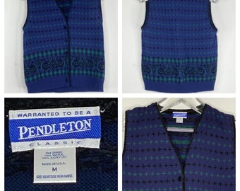 Vtg Pendelton Classic Womens Navy Green Wool Vest Sz M