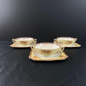 Crown Ducal Tulip Flat Cream Soup Bowl Double Handle Bowl Saucer Set