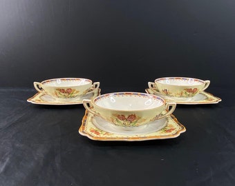 Crown Ducal Tulip Flat Cream Soup Bowl Double Handle Bowl Saucer Set