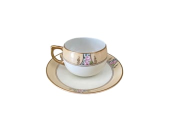 Vintage Meito Teacup and Saucer Lusterware Japan Cabbage Pink Roses Gold Trim