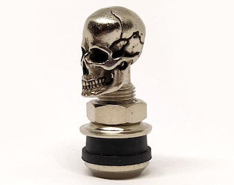 May include: Silver skull shaped tire valve stem cap with a black rubber seal.