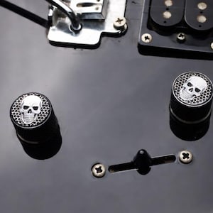 May include: A glossy black electric guitar body featuring two circular control knobs with silver skull motifs on a honeycomb background. The guitar includes a chrome bridge, a black humbucker pickup, and a black three-way blade pickup selector switch.