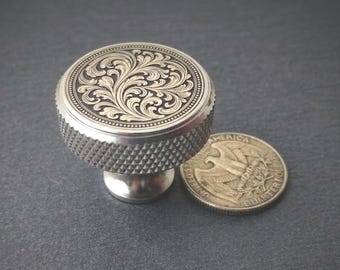 Ornate Drawer Knob, Engraved Cabinet Hardware in Silver or Gold color