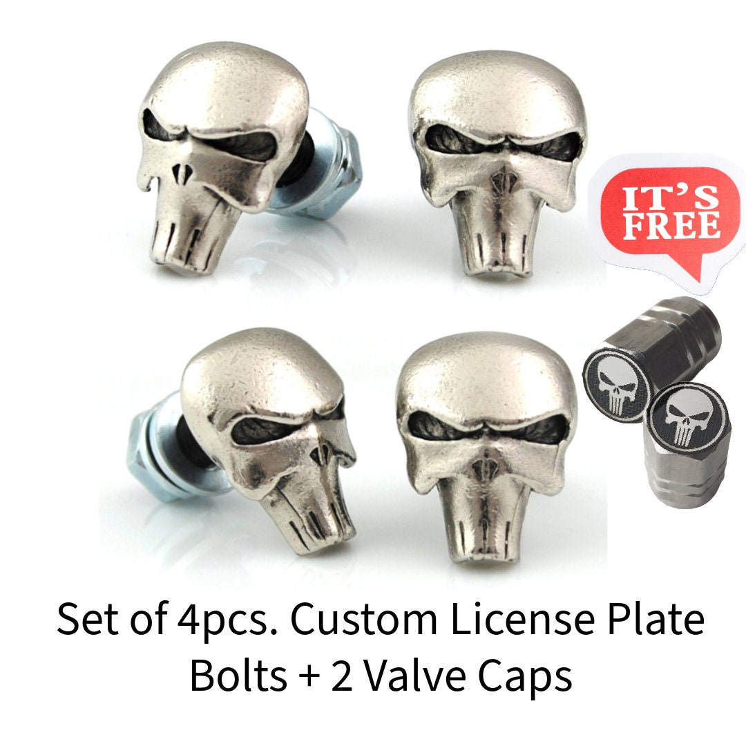 4-Pack Black Billet License Plate Frames With Skull Caps For Harley Motorcycles - Custom Look