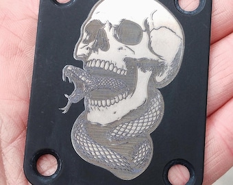 Engraved Skull Snake Guitar Neck Plate – Black Stainless Steel 4-Bolt Strat Tele Accessory