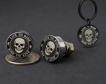 Gift for My Biker Husband – Skull License Plate Bolts & Live To Ride Keyring Bundle