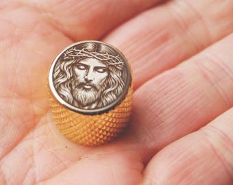 Jesus Engraved Guitar Knob Chrome 6mm 18 Spline Split Shaft Bass Electric Knobs