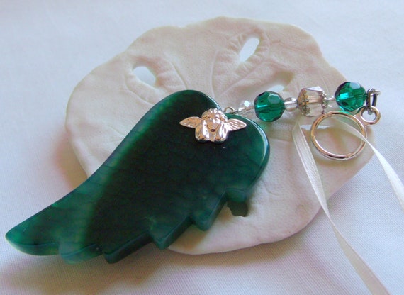 Angel of hope gift - for support - angel charm - sun catcher - window ornament - green angel wing - red beaded car charm - memorial