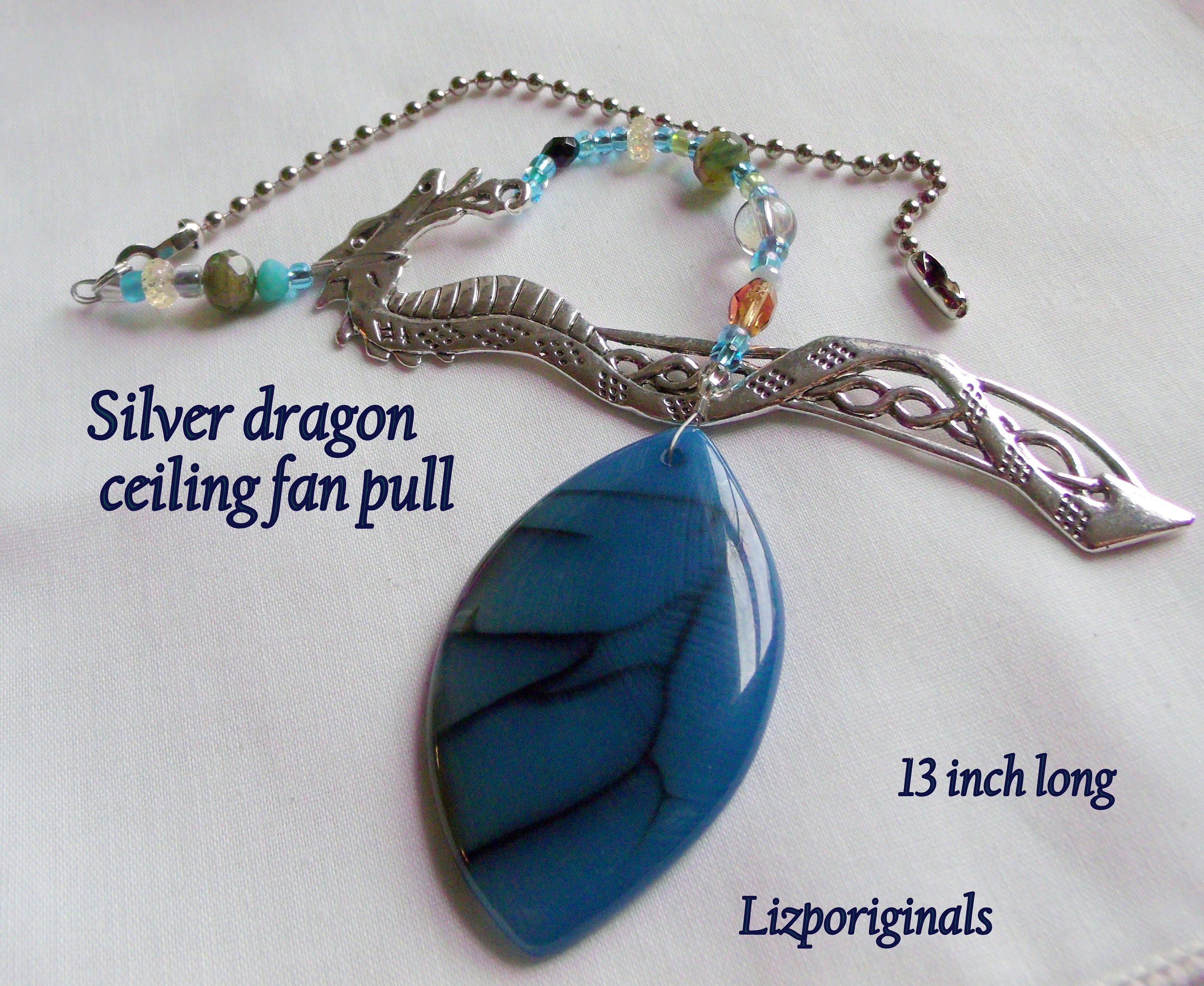Dragon Ceiling Fan Chain Fantasy Home Decor Blue Agate Gem Lamp