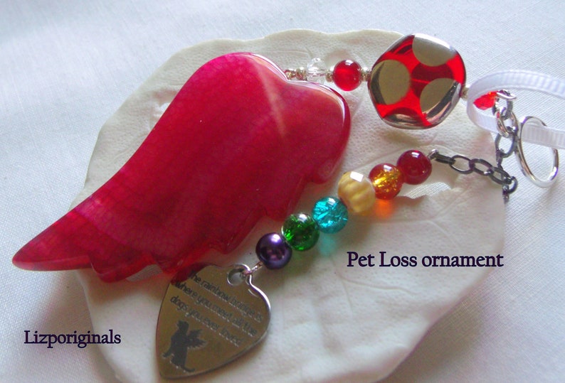 agate pendant Pet sympathy gift bright red ornament dog loss fur baby memento window ornament Pet loss gift angel wing