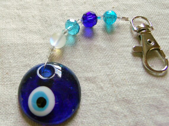 Evil eye journal charm - bag clip - Greek  - student gift - aqua blue glass pendants - beaded back pack accessory  - back to school