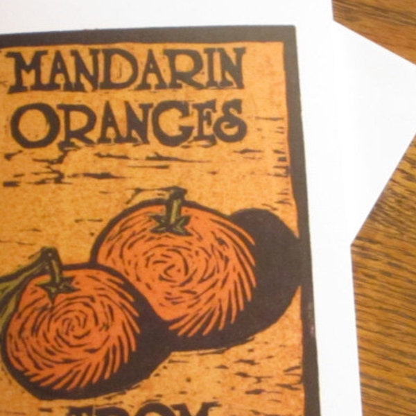 Note Card, Linocut Mandarin Oranges from California