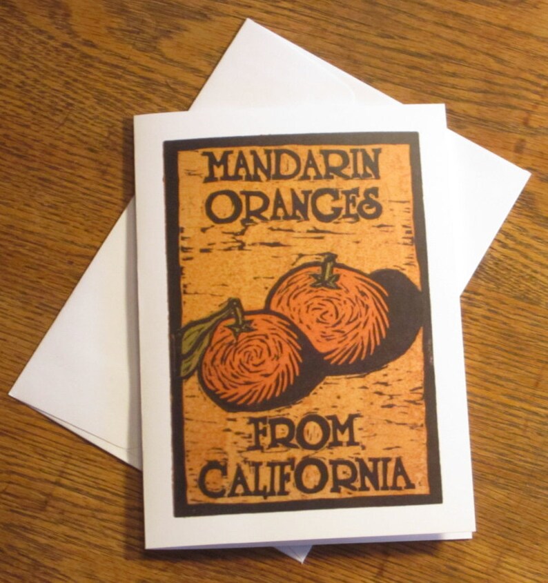 Note Card, Linocut Mandarin Oranges from California image 1