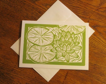 Note Card, Green Water Lily Linocut