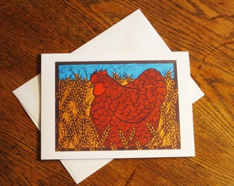 Linocut Note Card, The Little Red Hen