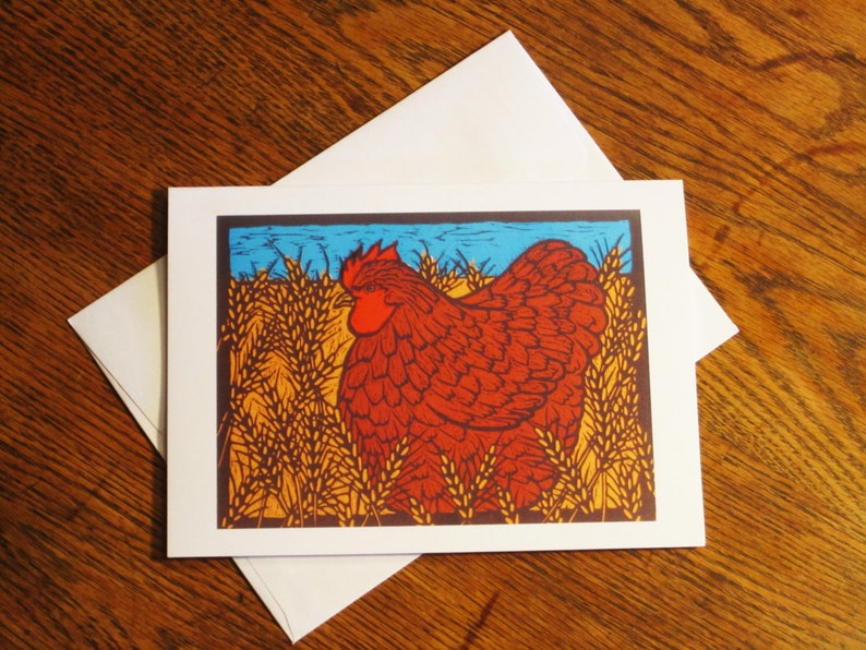 Linocut Note Card, The Little Red Hen image 1