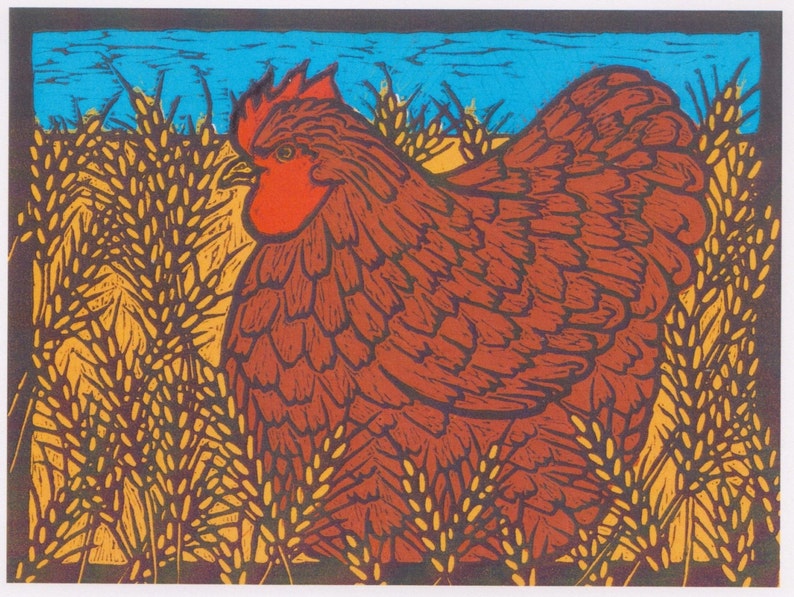Linocut Note Card, The Little Red Hen image 2