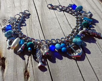 Ocean Blue Charm Bracelet - Unique Beach Sea Gifts for Her, Dolphin Fish and Anchor Charms, Boho Jewelry