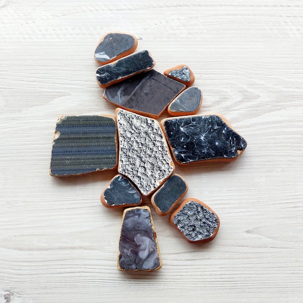 Quirky Mosaic Magic: Genuine Broken Sea Pottery Tiles for DIY Projects, Beach Inspired Décor - Black Glazed Terracotta Shards