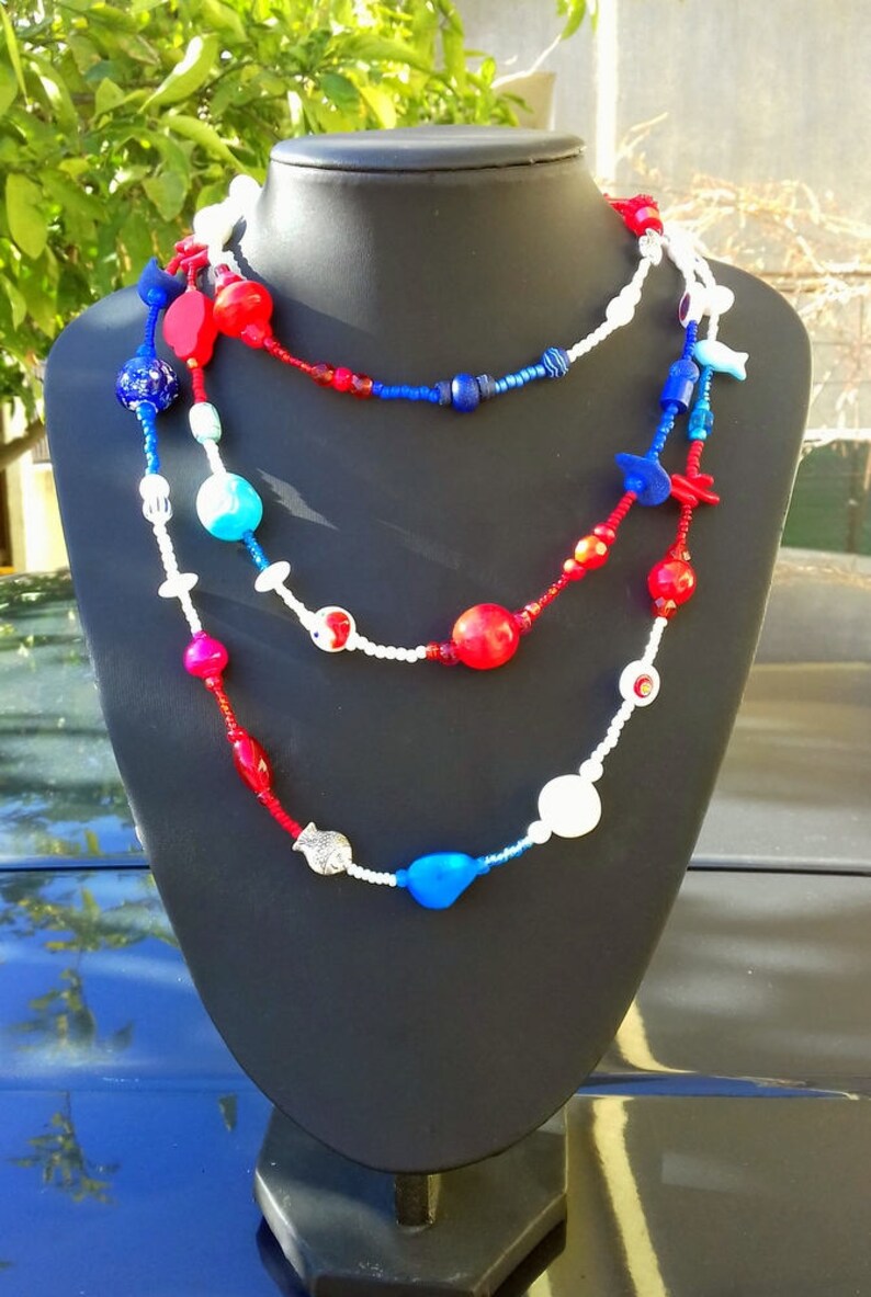Long Summer Blue Red White Beaded Necklace Unique Gifts For Women Navy Style Sea Beach Jewelry Gifts Elegant Summer Fashion Gift For My Wife
