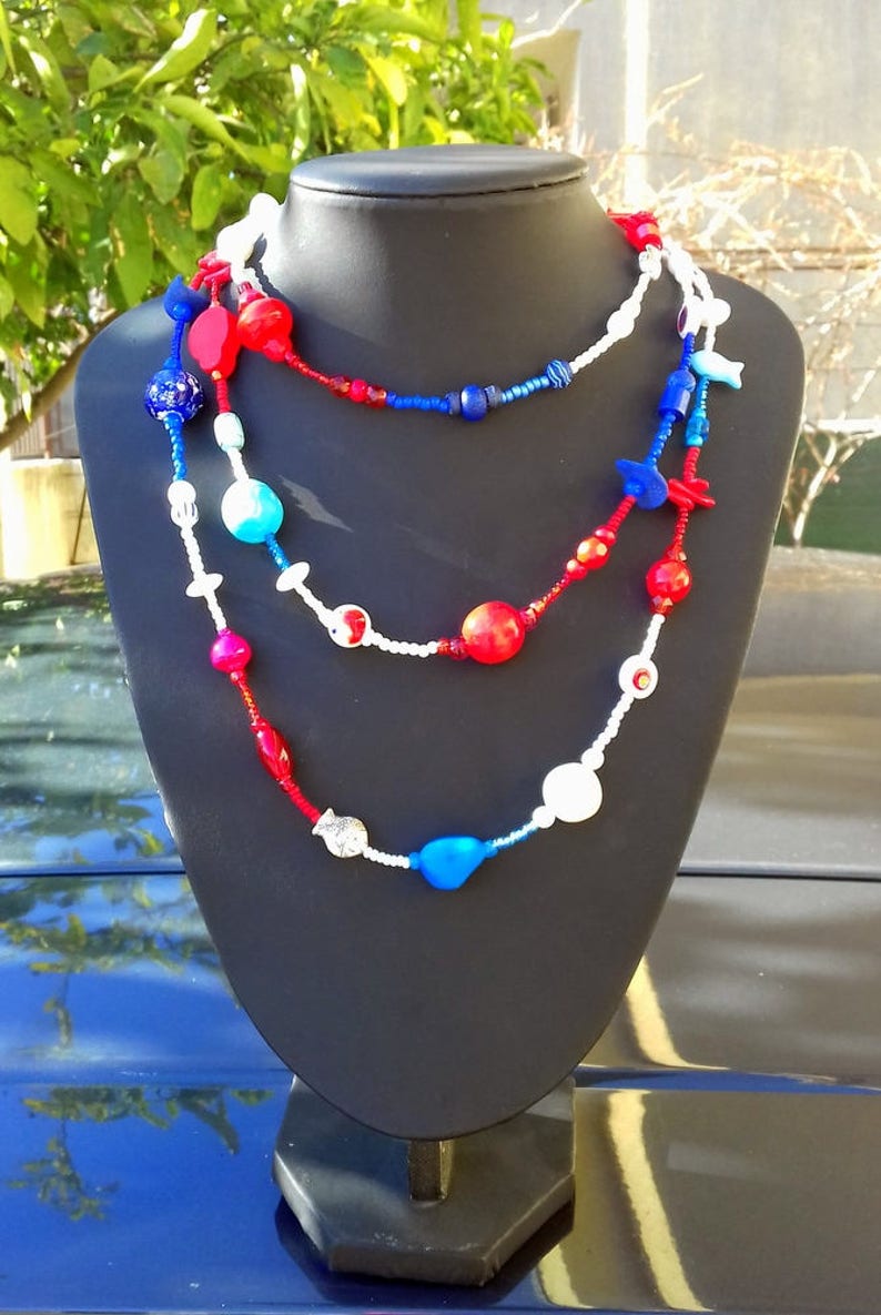 Long Summer Blue Red White Beaded Necklace Unique Gifts For Women Navy Style Sea Beach Jewelry Gifts Elegant Summer Fashion Gift For My Wife
