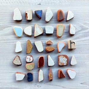 May include: An overhead shot displays an assortment of sea glass pieces in various shapes and colors. The pieces have a mix of white, brown, blue, and orange hues. Some pieces have textured surfaces, while others are smooth.