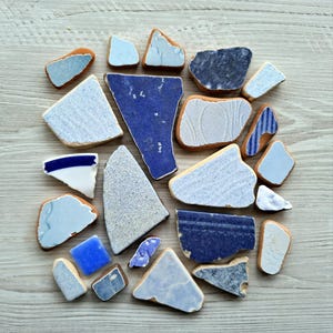 Può includere: Una collezione di piastrelle in ceramica blu e bianca, alcune con un motivo a righe, disposte in cerchio su una superficie in legno chiaro.