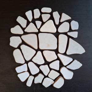 Pode incluir: Uma coleção de numerosos fragmentos de cerâmica ou pedra de cor branco-sujo, com formas irregulares, dispostos num grupo circular solto. Cada peça individual apresenta bordos suaves e arredondados com uma textura de superfície mate.