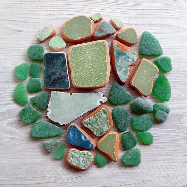 Croatian Green Sea Ceramics - Coastal Pottery & Glass Mix Set, Hand-picked Beachcomber Treasures