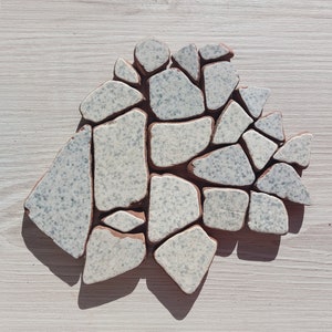 以下が含まれることがあります： 花の形をした白と灰色のモザイクタイル。タイルは、不規則な小さなセラミックの破片で作られています。