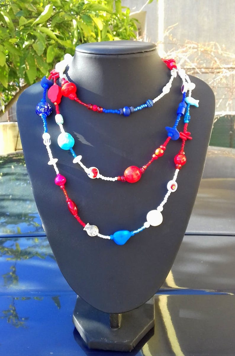 Long Summer Blue Red White Beaded Necklace Unique Gifts For Women Navy Style Sea Beach Jewelry Gifts Elegant Summer Fashion Gift For My Wife