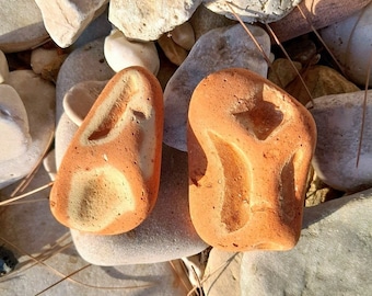 May include: Two orange-brown rocks with unique patterns and textures. The rocks are smooth and have a slightly rough surface. They are surrounded by other rocks of various sizes and colors.