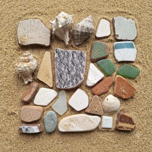 May include: A collection of various sea glass pieces and seashells in shades of white, brown, green, and gray. The assortment includes smooth, weathered glass fragments, textured spiral shells, and flat, rounded stones arranged in a loose grid.