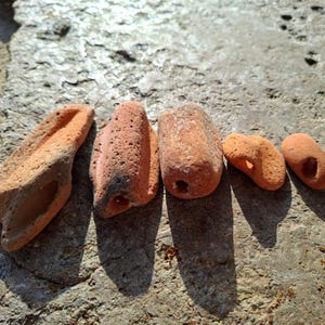 Può includere: Cinque pezzi di terracotta di diverse forme e dimensioni. Ogni pezzo ha un foro che lo attraversa. I pezzi sono disposti in fila su una superficie ruvida e grigia.