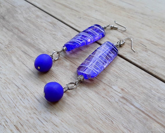 Wooden drop earrings Purple hearts earrings Violet wooden jewelry Handmade earrings Hand painted earrings Lilac hearts earrings