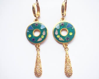 Cloisonne Enamel Earrings, Sterling Silver, Covered with gold