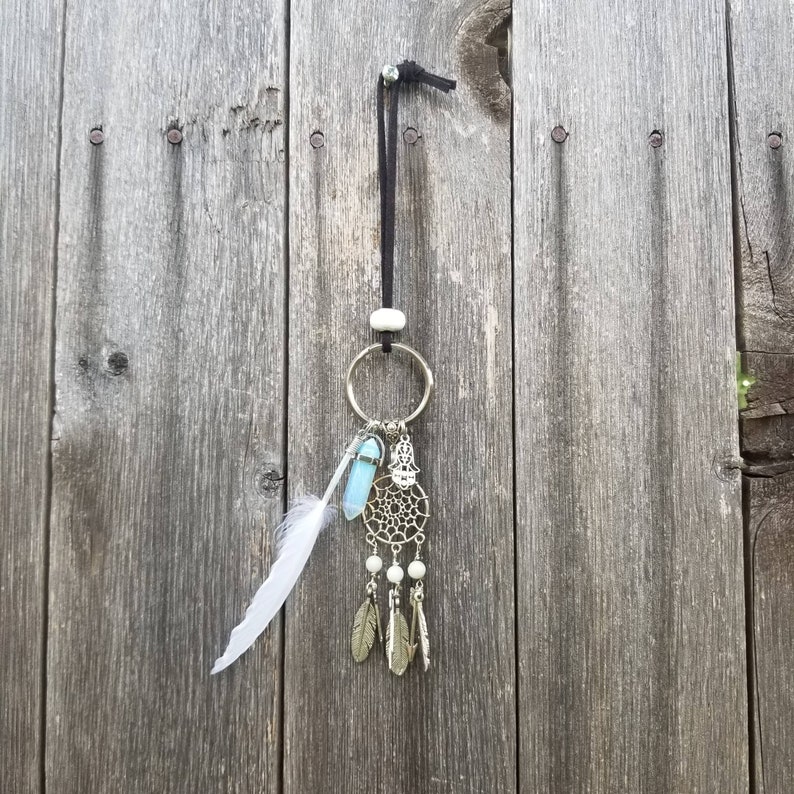 silver tone Keychain Dream Catcher key ring Hamsa Hand feathers quartz crystal arrows