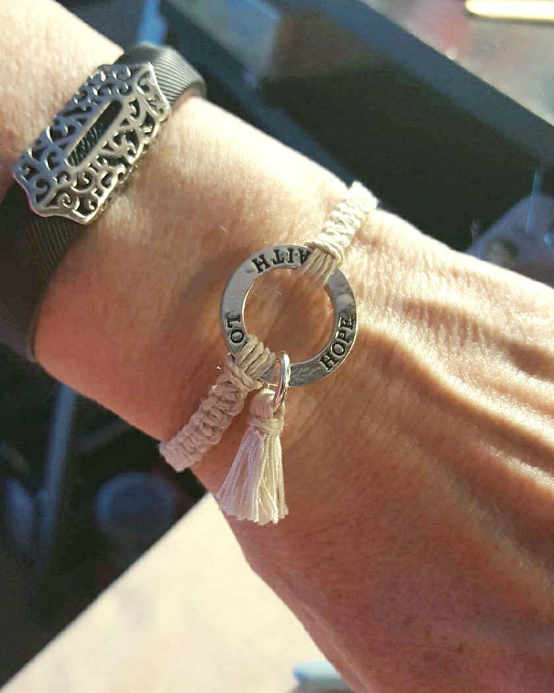 Stamped Washer Macrame Bracelet Faith Love Hope Hemp Etsy