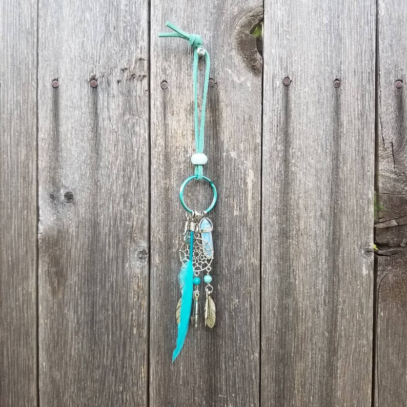 silver tone Keychain Dream Catcher key ring Hamsa Hand feathers quartz crystal arrows