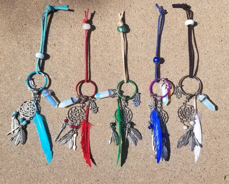 silver tone Keychain Dream Catcher key ring Hamsa Hand feathers quartz crystal arrows