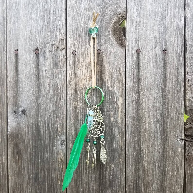 silver tone Keychain Dream Catcher key ring Hamsa Hand feathers quartz crystal arrows