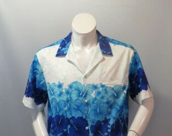 Vintage Hawaiian Shirt - Blue Multi-Flower Ring Pattern by Shoreline -Mens Large